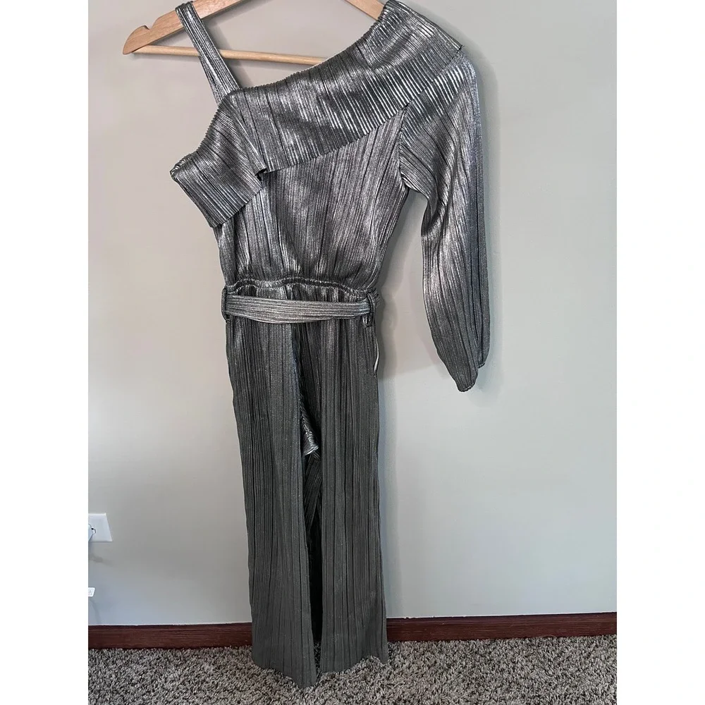 Justice Girls Silver Metallic Pleated One Shoulder Jumpsuit Size M 10 Wide Leg